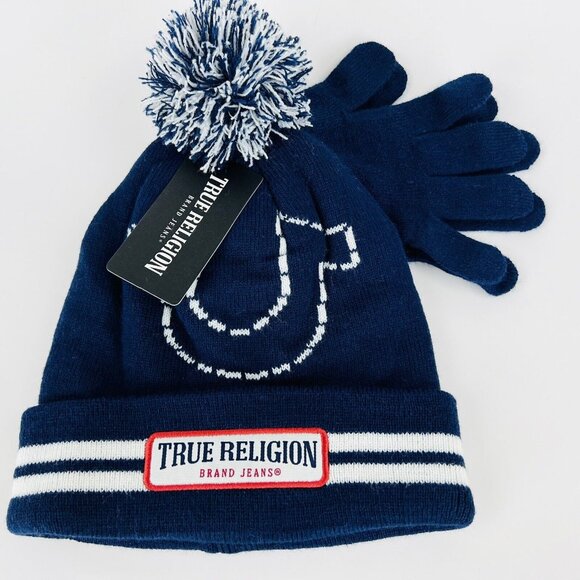 True Religion Kids Hat & Gloves 2-Pieces Set Navy White Logo Front One Size NWT - Picture 1 of 7